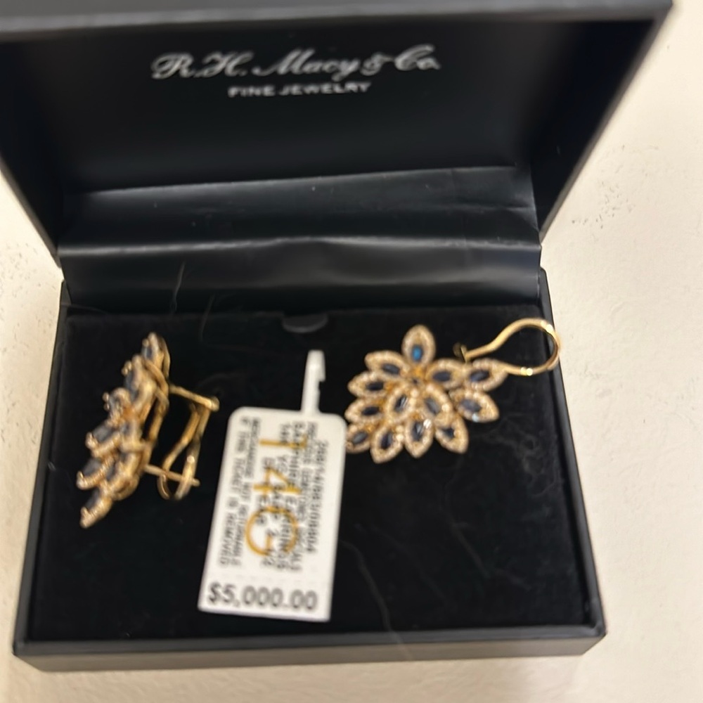 Effy 14 kt blue sapphire, and diamond leaf earrings